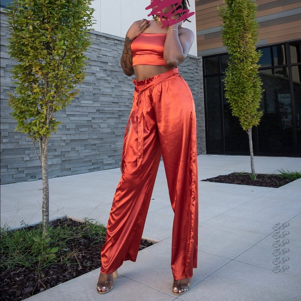 Fashion Nova Downtown Rust Cargo Satin Pants Set